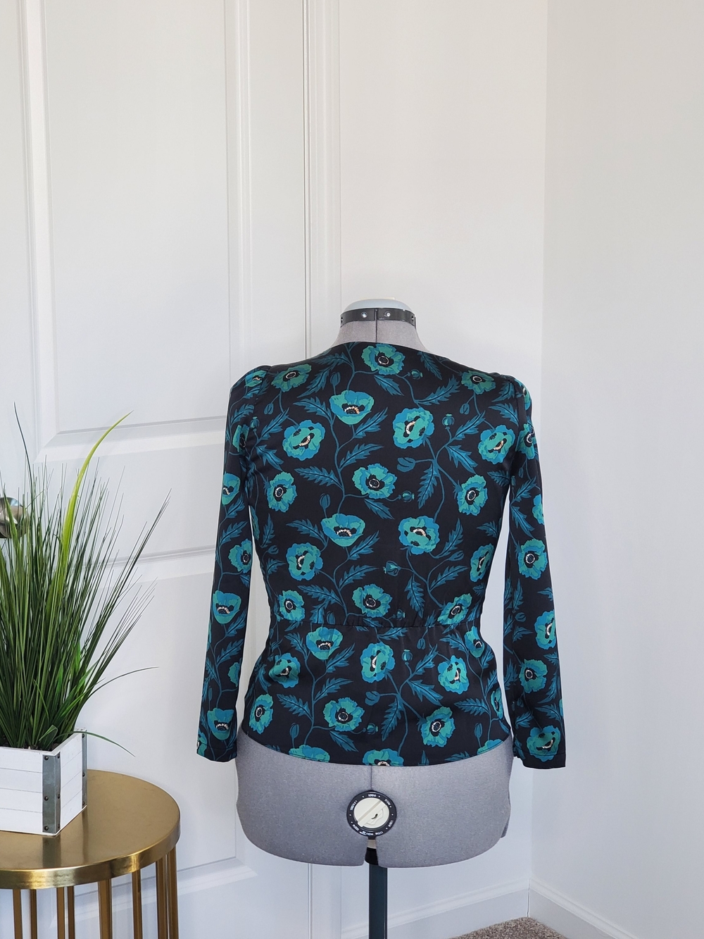 J.Crew Women's V-Neck Satin Peplum, Teal & Black (Size 00) - Picture 3 of 8